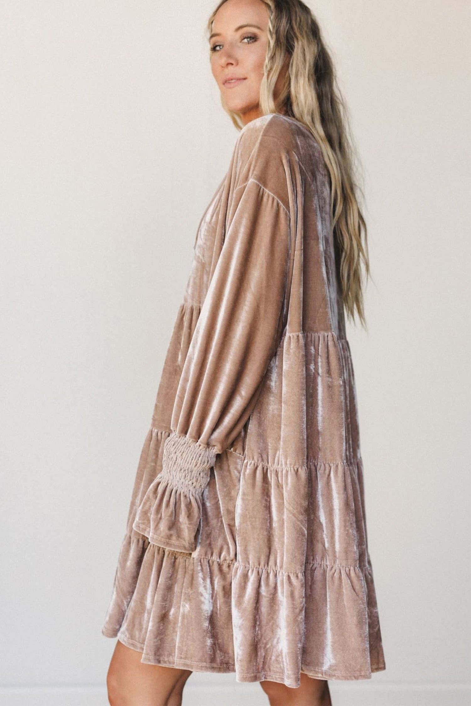 Velvet tiered dress with smocked ruffle cuffs, side view