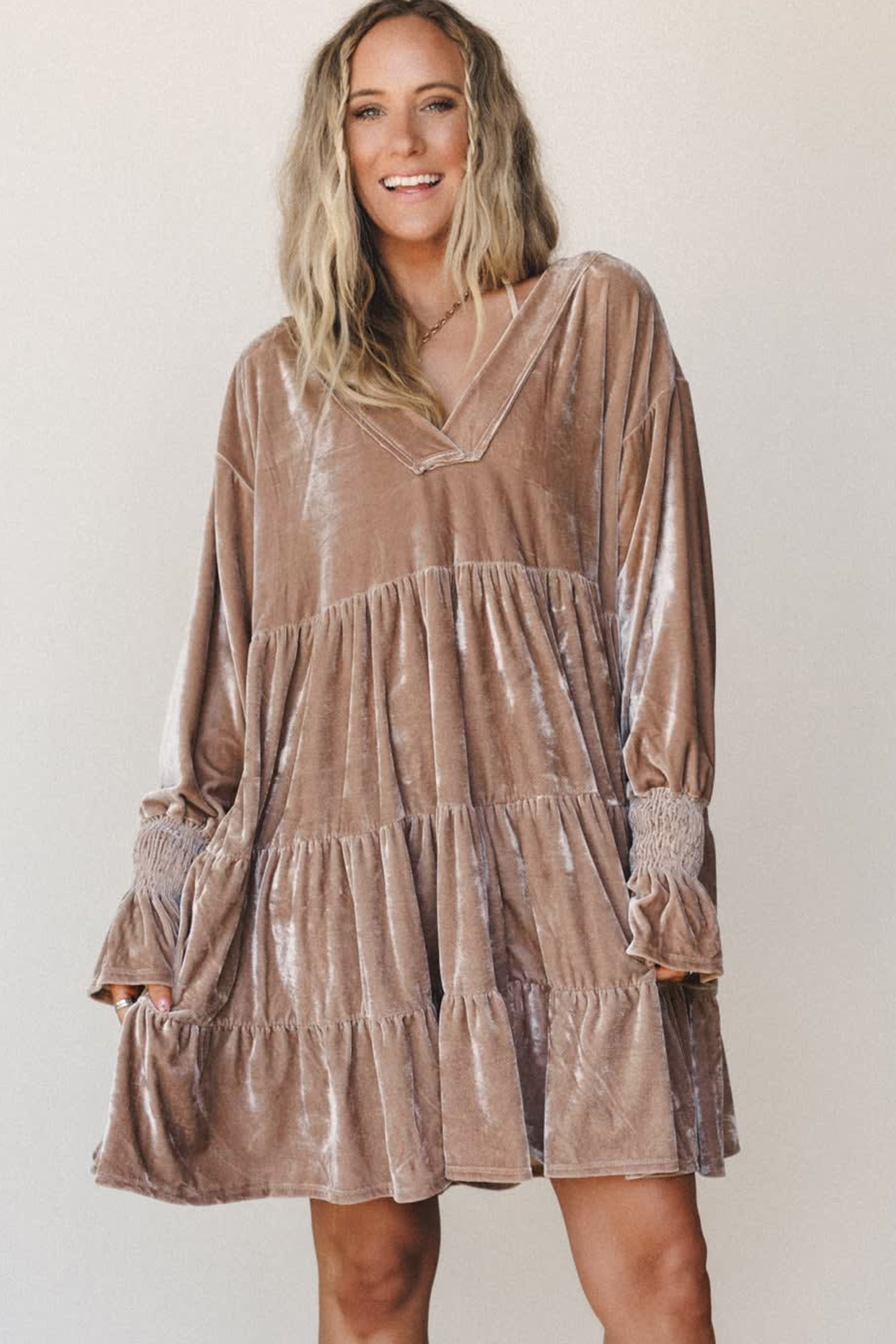 Women's crushed velvet long sleeve tiered dress, styled front view
