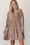 Women's crushed velvet long sleeve tiered dress, styled front view