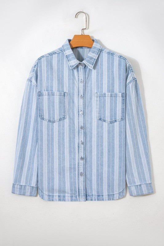 Women's Vertical Striped Denim Chest Pocket Shacket | Zarnesh