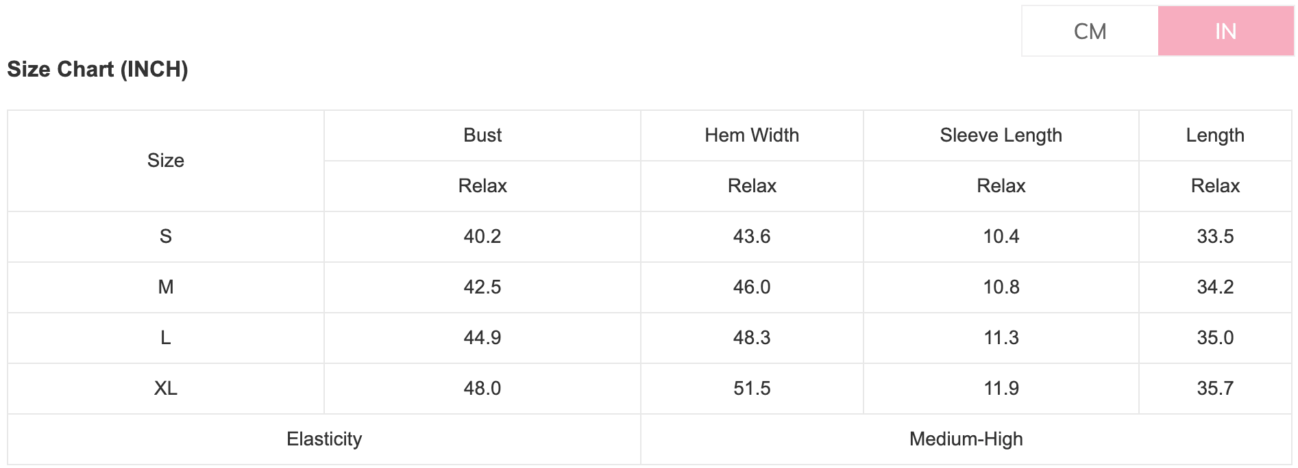 Size chart for clothing measurements in inches and centimeters