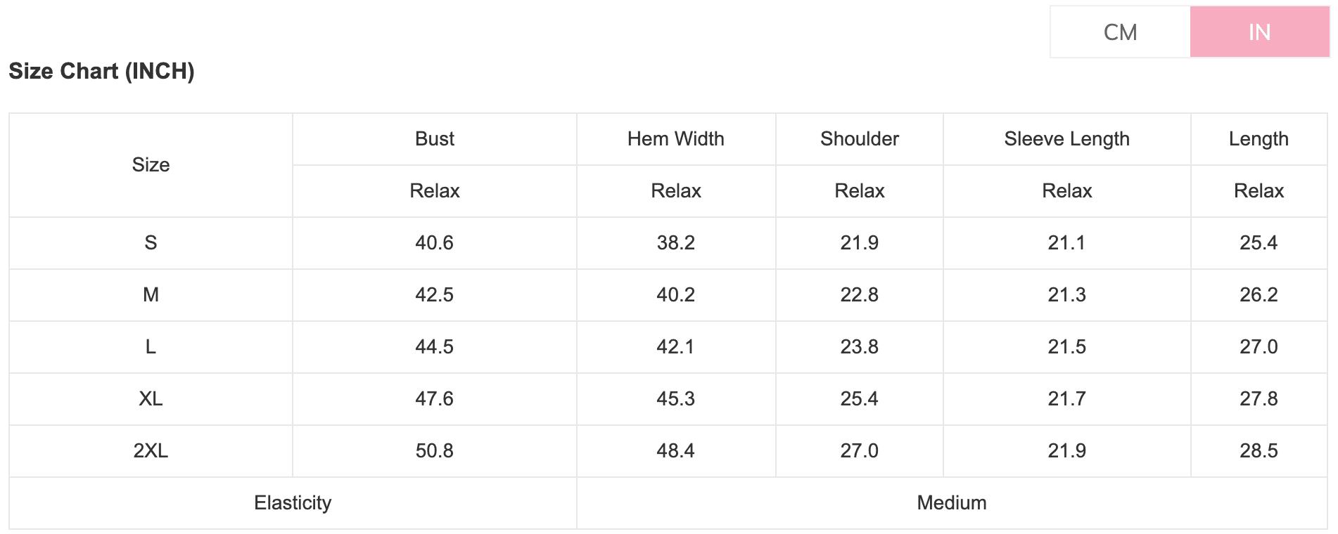 Size chart for clothing measurements in inches and centimeters