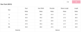 Size chart for clothing measurements in inches and centimeters