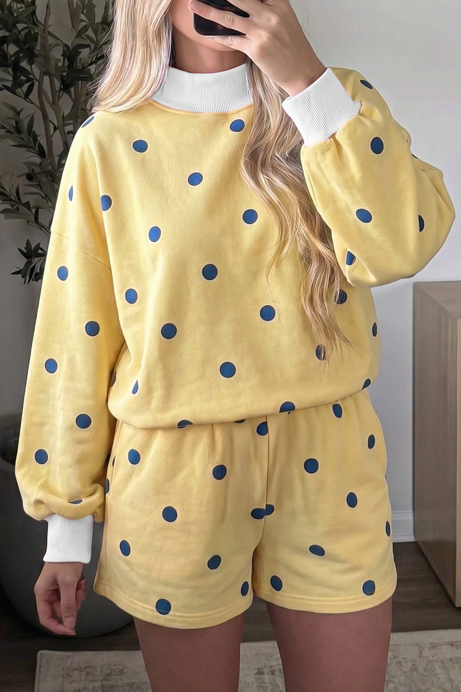 Yellow polka dot ribbed trim top and shorts set, front view on model