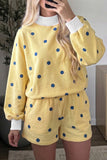 Yellow polka dot ribbed trim top and shorts set, front view on model