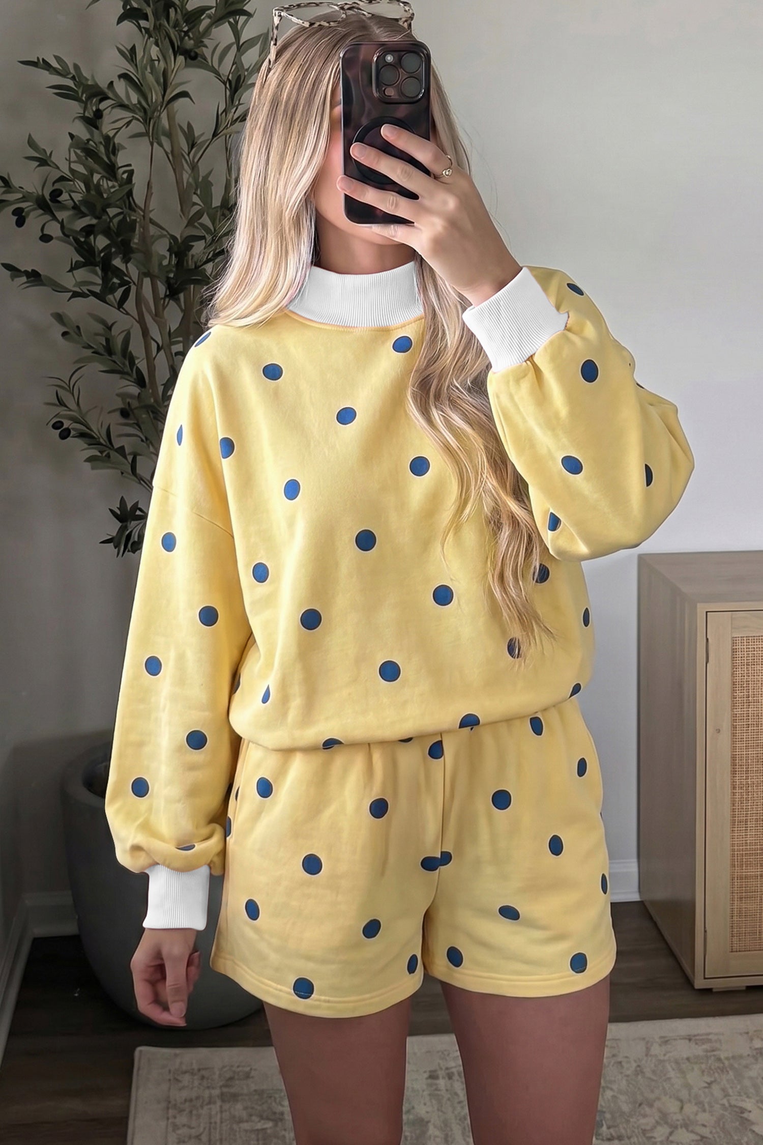 Women's yellow polka dot long sleeve top and shorts casual set