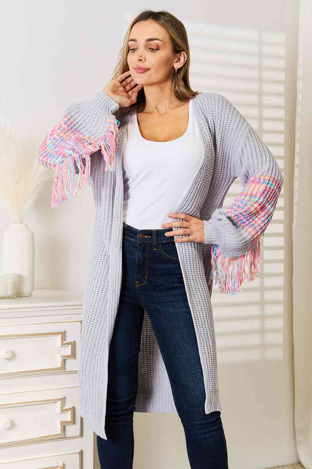 Women Woven Right Fringe Sleeve Dropped Shoulder Cardigan | Zarnesh