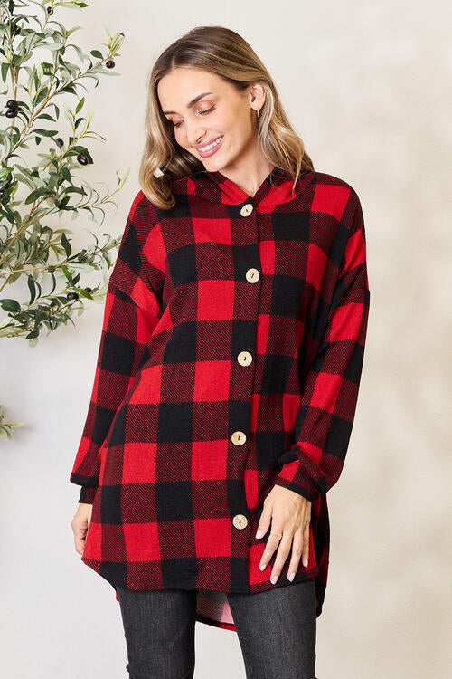 Zarnesh Women Heimish Full Size Plaid Button Front Hooded Shirt