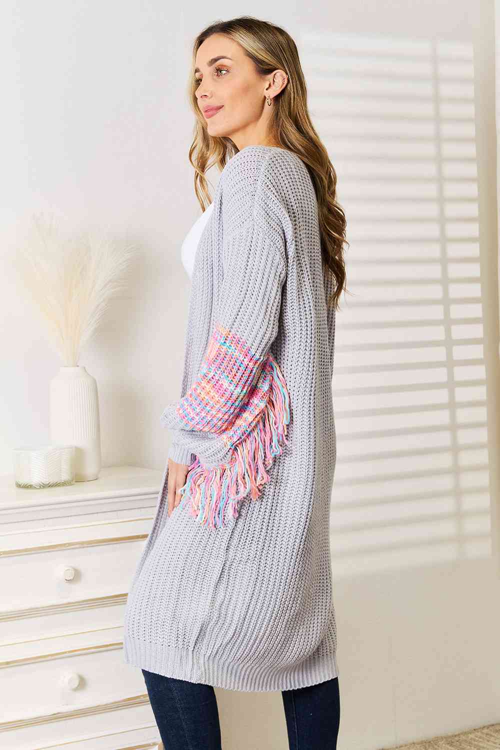 Women Woven Right Fringe Sleeve Dropped Shoulder Cardigan | Zarnesh