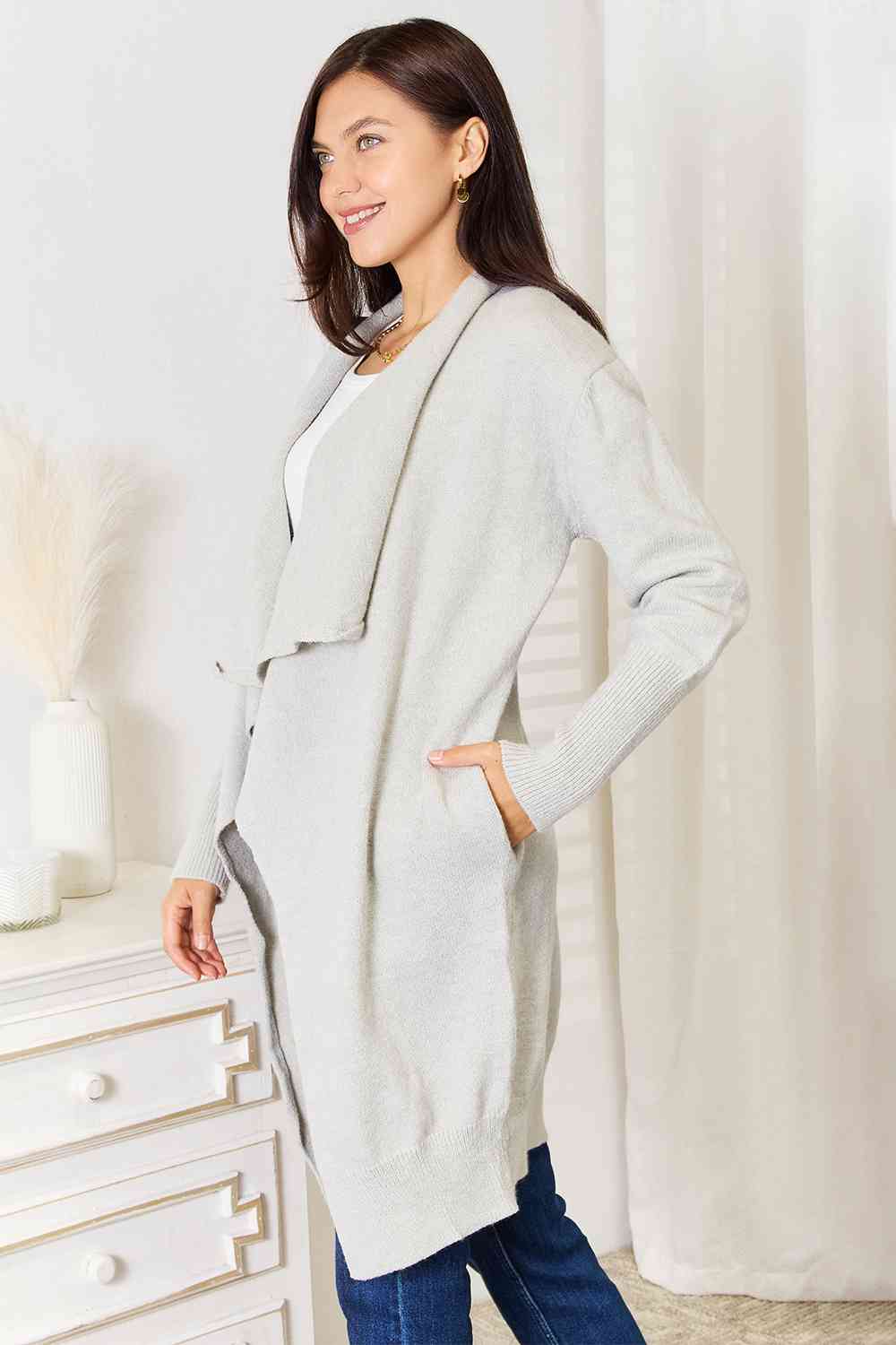 Women Double Take Duster Cardigan with Pockets - Light Gray | Zarnesh