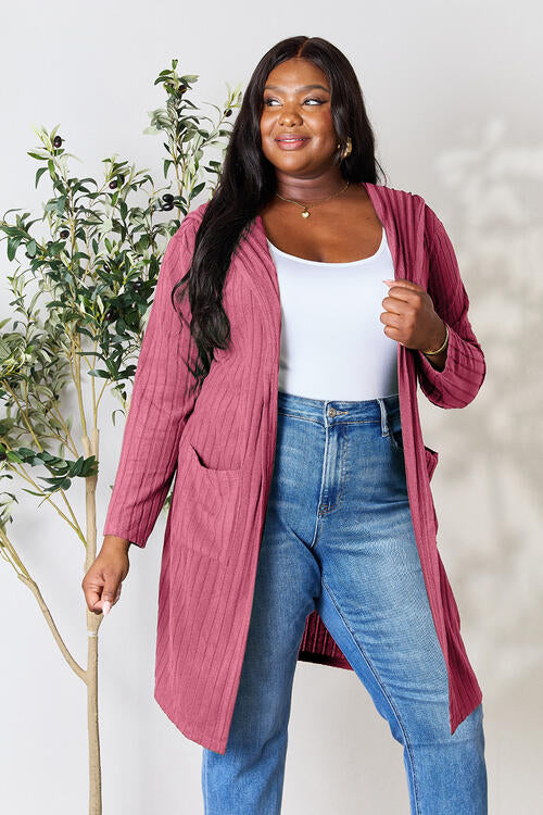 Women Full Size Ribbed Open Front Long Sleeve Cardigan | Zarnesh