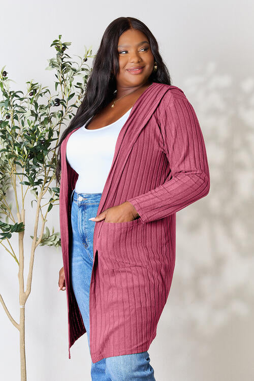 Women Full Size Ribbed Open Front Long Sleeve Cardigan | Zarnesh