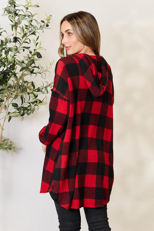 Zarnesh Women Heimish Full Size Plaid Button Front Hooded Shirt