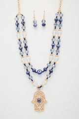 Protective Charms: Hamsa Hand Pendant Beaded Layered Necklace