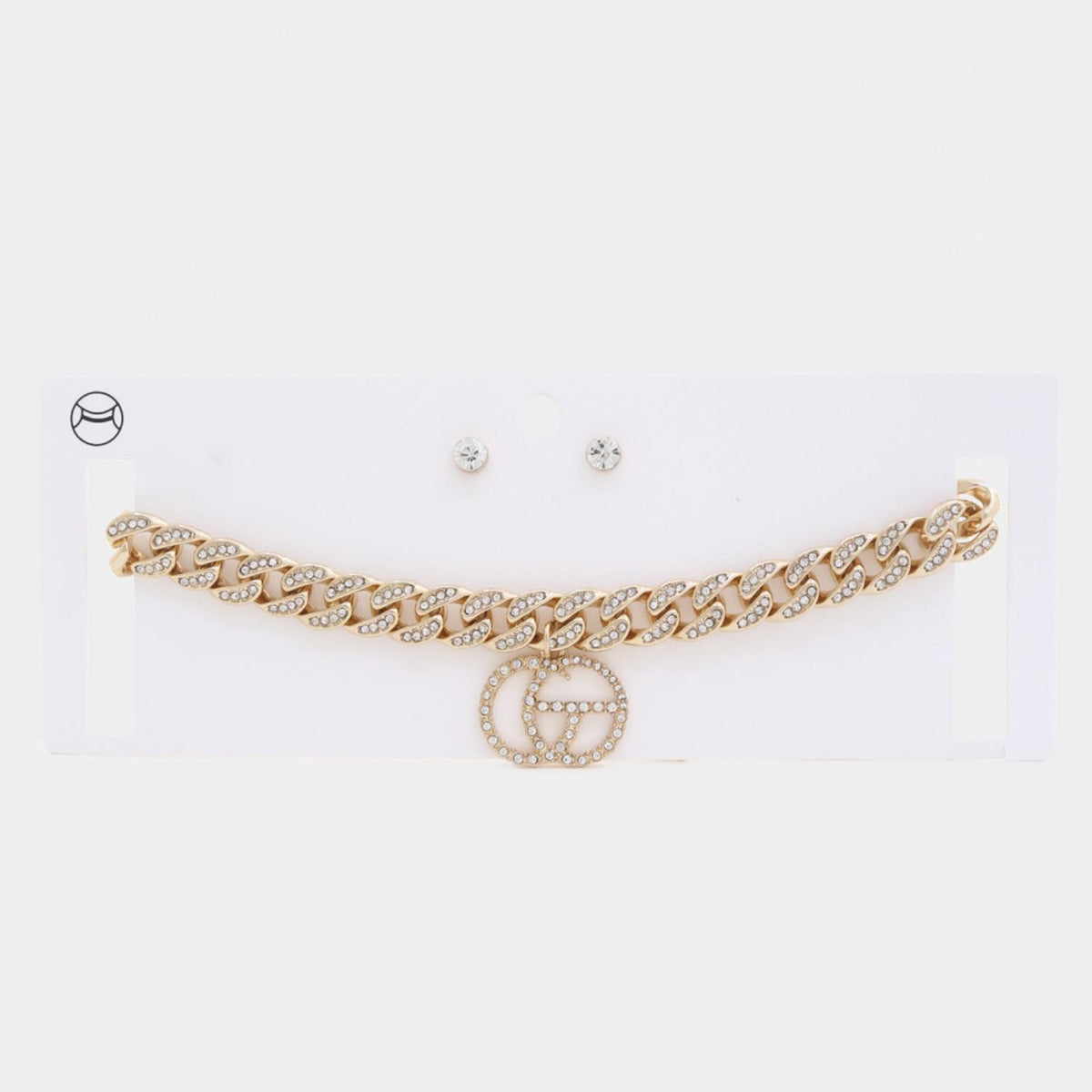 Radiant Circles: Double Circle Rhinestone Charm Curb Link Choker Necklace