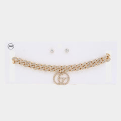 Radiant Circles: Double Circle Rhinestone Charm Curb Link Choker Necklace