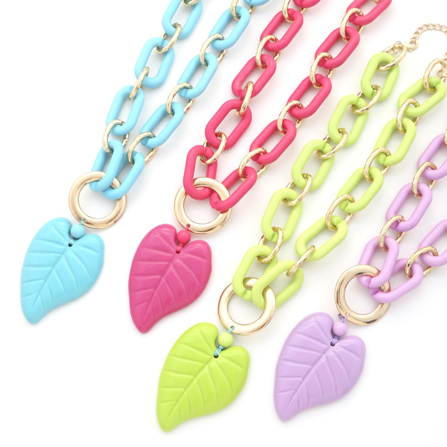 Bold Botanicals: Chunky Color Acrylic Leaf Pendant Necklace