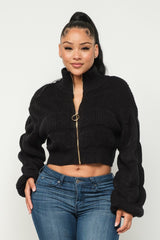 Michelin Sweater Top W/ Front Zipper - Black | Zarnesh