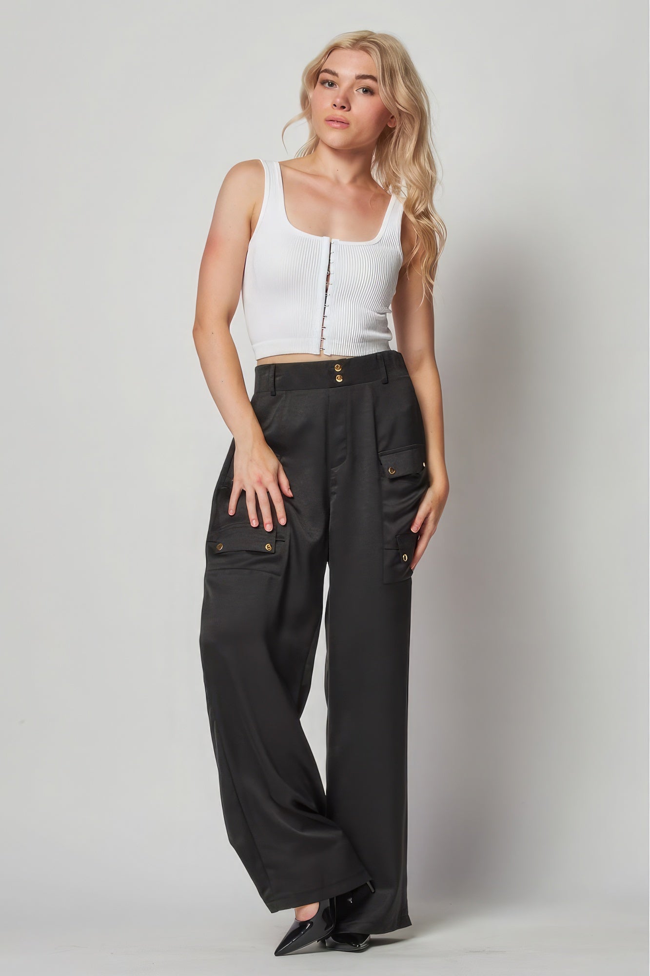 Satin Cargo Pocket Wide Leg Pants | Zarnesh