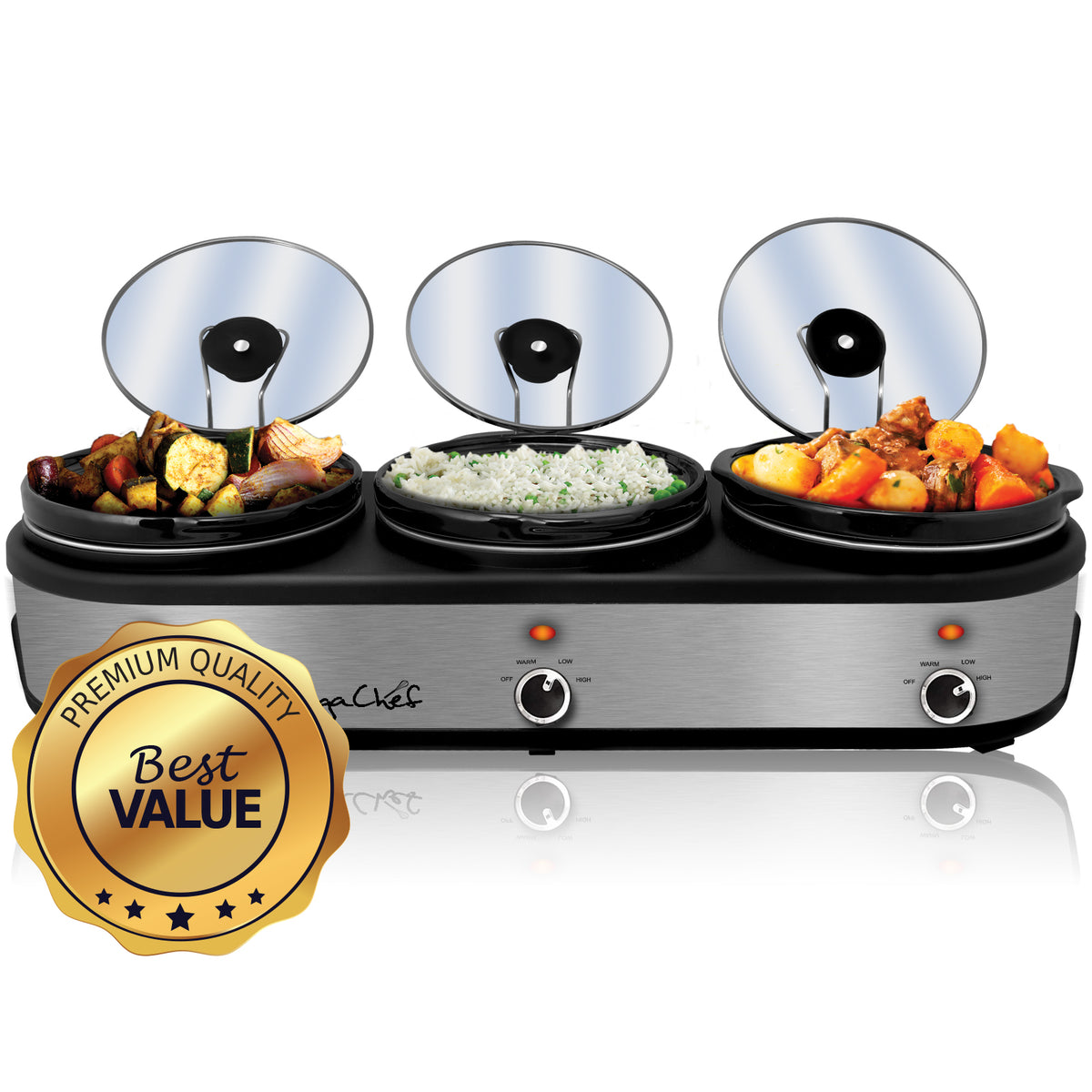 MegaChef Triple 2.5 Quart Slow Cooker with Removable Lid Stainless Steel and Brushed Silver Finish | Zarnesh