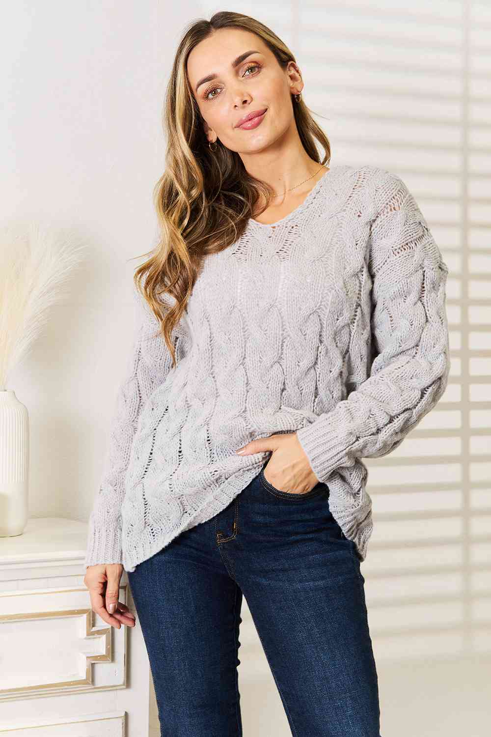 Women Woven Right Cable-Knit Light Grey Hooded Sweater | Zarnesh