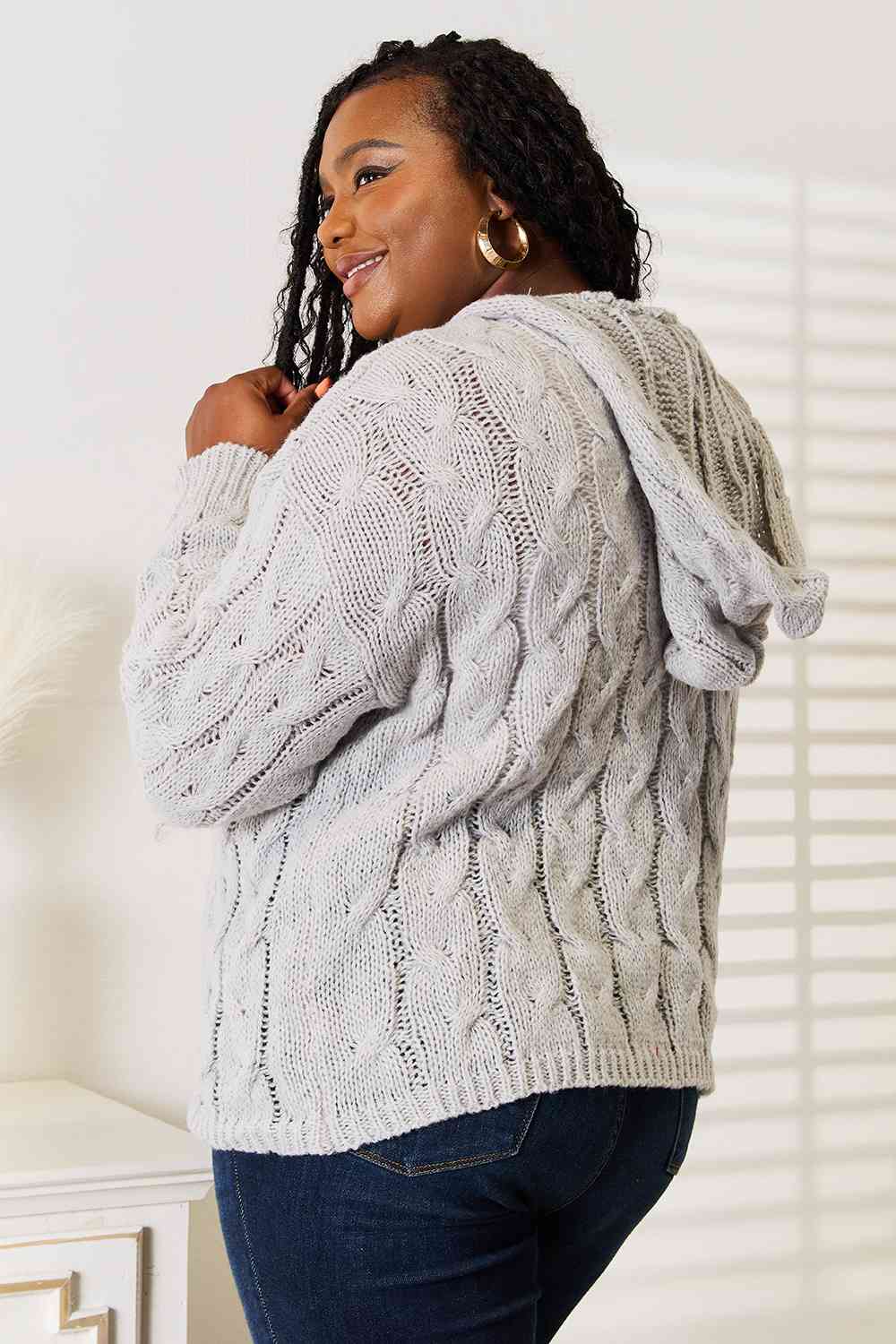 Women Woven Right Cable-Knit Light Grey Hooded Sweater | Zarnesh