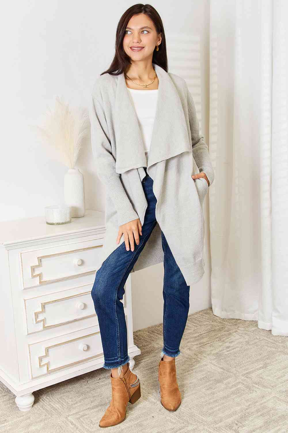 Women Double Take Duster Cardigan with Pockets - Light Gray | Zarnesh