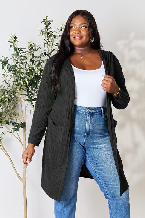 Women Full Size Ribbed Open Front Long Sleeve Cardigan | Zarnesh