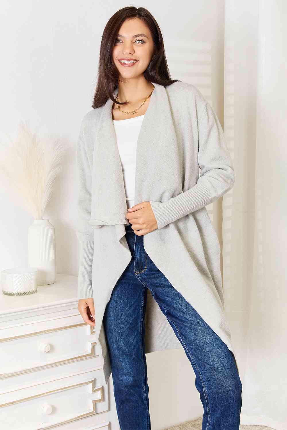 Women Double Take Duster Cardigan with Pockets - Light Gray | Zarnesh