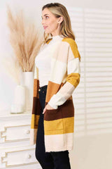 Women Woven Right Brown/Tan Stripe Dropped Shoulder Cardigan | Zarnesh