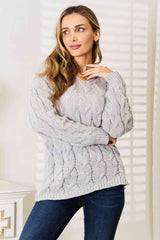 Women Woven Right Cable-Knit Light Grey Hooded Sweater | Zarnesh